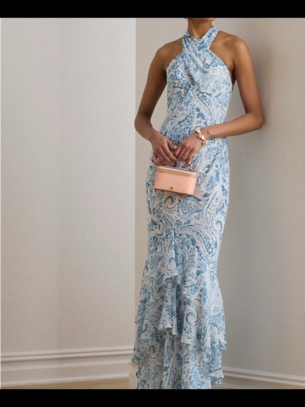 Ralph Lauren Pale Blue Paisley Crinkle Georgette Halter Maxi Dress - Picture 2 of 6